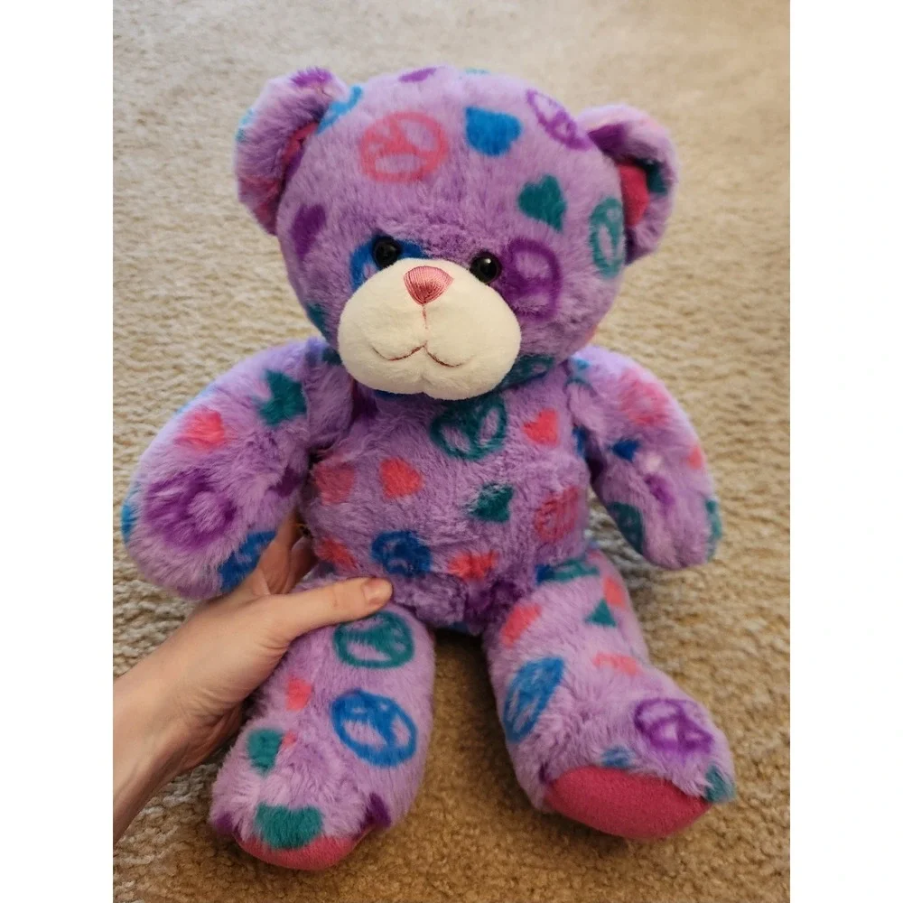 Build-A-Bear Purple Peace Sign Hearts Plush Teddy Bear Stuffed Animal Colorful